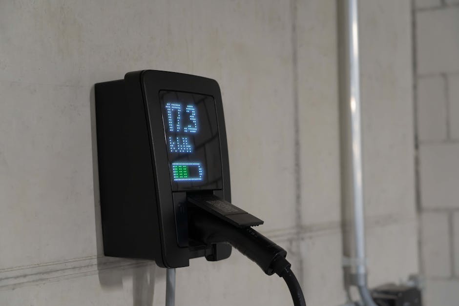 Close-up of an electric vehicle charging point mounted on a white brick wall inside a property, with a black charging cable plugged into the socket. The digital display on the charging station shows the charging status with blue and green LED graphics. On the right side of the image, a metallic pipe runs vertically along the wall. This scene depicts the setup commonly used during home relocations involving electric vehicle charging infrastructure, with the UK-based company Man and Van Southfields handling moving and packing services. The environment is well-lit, and the image focuses on the technical aspects of vehicle charging within a residential setting, supporting the topic of packing and loading during house removals.