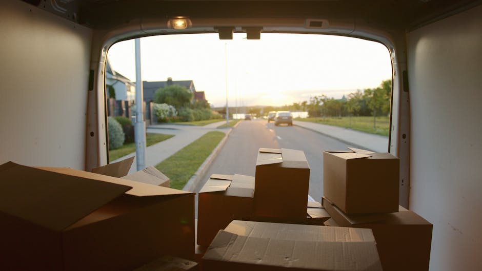 Two men engaged in a home relocation process are loading a cardboard box into the back of a white moving van parked on a paved driveway. One man, wearing a baseball cap and dark jacket, is lifting the